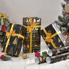 6pcs/Pack Metallic Gold Christmas Wrapping Paper, Vintage Foil Printing High-End Black Gold Christmas Tree & Deer Pattern Gift Box Decoration Paper