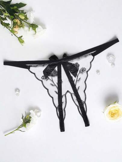 Sexy Lingerie Internet Celebrity Sexy Underwear Front Three-Dimensional Embroidered Thong Transparent Hot Underwear Internet Celebrity T-Pants+Large Bow Design At The Back, Double Eye-Catching Highlight