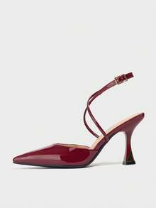 Women's Solid Color Pointed Toe Closed-Toe Metallic Buckle Decor High Heel Shoes, Slip-On, Comfortable For Daily Wear, Commuting, Formal Occasions, Autumn/Winter, PU Leather Wine Red Work Shoes - Burgundy - View 7