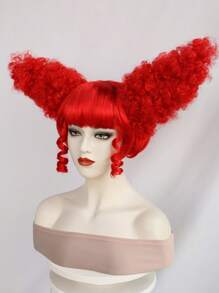 Parrucca da 10 pollici affascinante, rossa, corta e dritta, con ciuffi ricci e corna voluminose, per donne, feste in costume, cosplay, pagliacci. In fibra a bassa temperatura, pre-acconciata e pronta da indossare, dall'aspetto naturale.