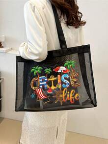 Túi lưới in chữ họa tiết Cruise Life, túi đi biển, túi đựng đồ, túi đựng mỹ phẩm, túi xách dung tích lớn, quà tặng cho bé gái, quà tặng Ngày của Mẹ, túi đựng đồ gấp gọn, thích hợp để đựng mỹ phẩm cá nhân khi đi du lịch, túi trang điểm du lịch, quà sinh nhật, dụng cụ trang điểm du lịch, quà tặng giáo viên, quà tặng cặp đôi, quà sinh nhật, đồ dùng cần thiết khi đi du lịch, đồ dùng cần thiết khi ở ký túc xá, đáp ứng nhu cầu đi lại hàng ngày, túi đồ dùng cần thiết cho mùa hè đi biển. - màu đen - Xem 3