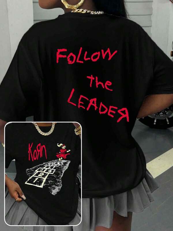 تي شيرت نسائي مطبوع بطباعة عناصر كورن وشعار الفرقة، ملائم للارتداء اليومي في الربيع والصيف وحفلات فرق الروك