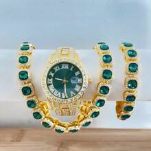 Set de joyería de 3 piezas estilo europeo y americano hip-hop con diamantes completos, reloj, collar y pulsera con rhinestones, correa de metal y calendario, regalo para estudiantes hombres y mujeres