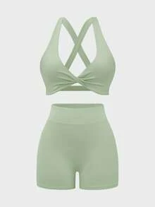 GAOVOT Conjunto de 2 piezas de mujer para verano, estilo Y2K, casual, deportivo, para correr, ejercicio, yoga, de unicolor, sexy, con top corto y shorts deportivos - Verde - Ver 7