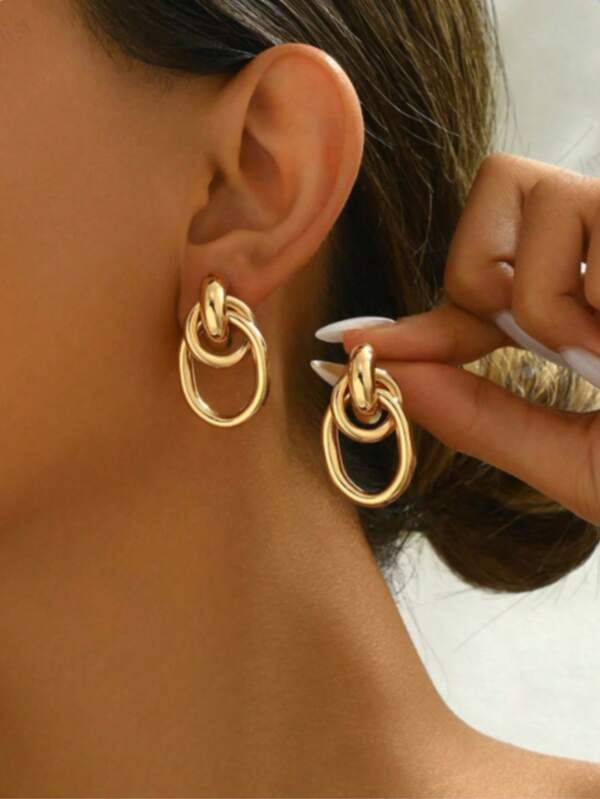 1pair Fashionable Gold Tone Metal Multi-Turn Knotted Design Stud Earrings For Women, Double Hoop Studs, Statement Dangling Earrings, Unique Earrings.(The Color Of The Product May Vary Slightly Under Different Displays/Lighting Conditions)