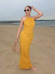 Melissa Matos Apricot Chiffon Multi-Layer Pleated Lace Trim Halter Backless Maxi Dress Set, Romantic Elegant 2-Piece Outfit - Yellow - View 2
