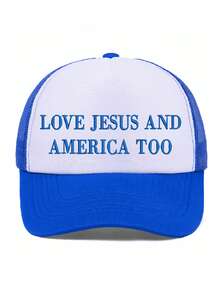 1pc, Custom Embroidered,Back To School,Loves Jesus And America Too Foam Embroidered Trucker Hat | July 4th Hat, Memorial Day Hat, Summer Hat, Beach Trucker Hat, Patriotic Hat - Multicolor - View 5