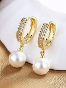 1 par de pendientes de aro de lujo con circonita y perla falsa, joyería elegante de alta gama como regalo para mujeres, adecuado para bodas, fiestas y celebraciones