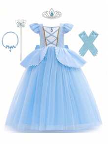 少女优雅的宝石蓝网纱亮片短袖连衣裙，搭配皇冠、魔杖项链和手套配饰，适合外出、派对、生日和其他活动。 - 藍色 - 查看 1