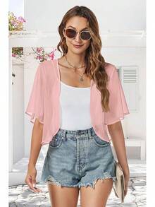 Women Shrug Chiffon Cardigans Open Front Short Sleeve Bolero Evening Dressy - Hồng - Xem 2