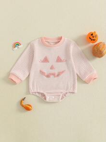 ベビーガールズ ハロウィン ロンパース カジュアル パンプキン刺繍 ワッフル 長袖 ジャンプスーツ 新生児 幼児 ファッション服 - ピンク - チェックする 1