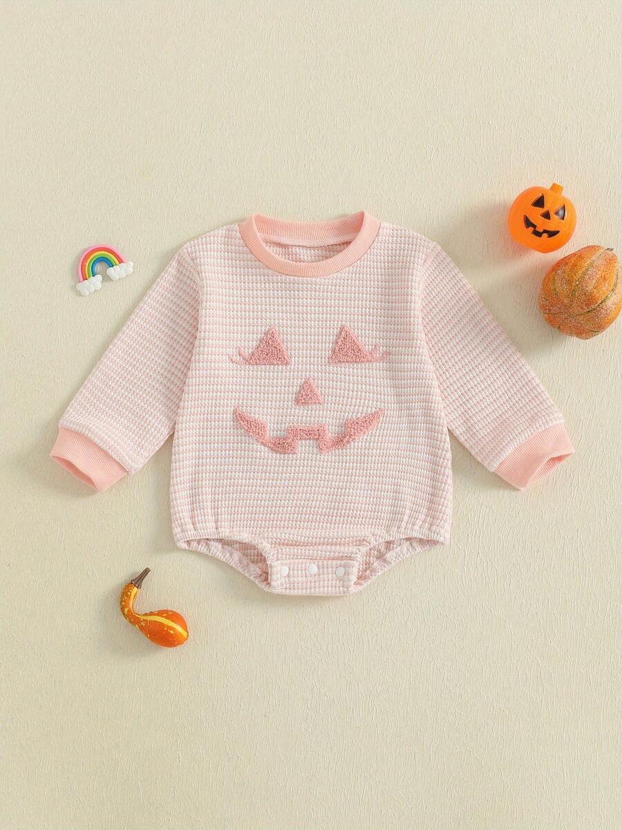 ベビーガールズ ハロウィン ロンパース カジュアル パンプキン刺繍 ワッフル 長袖 ジャンプスーツ 新生児 幼児 ファッション服 - ピンク - チェックする 1