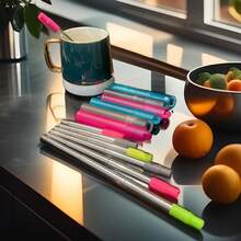 金属可重复使用吸管,可折叠不锈钢饮用吸管,便携式伸缩旅行吸管,带盒子和清洁刷,可折叠口袋吸管,适用于旅行、学校、野餐、学校用品 - 彩色 - 查看 8