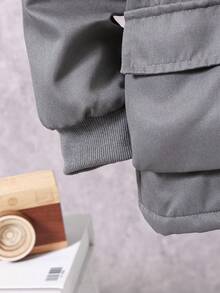 2pcs Tween Boys' Casual Fashionable Hooded Sweatshirt & Cargo Pants Set, Thermal Lined, Autumn/Winter - Grey - View 4