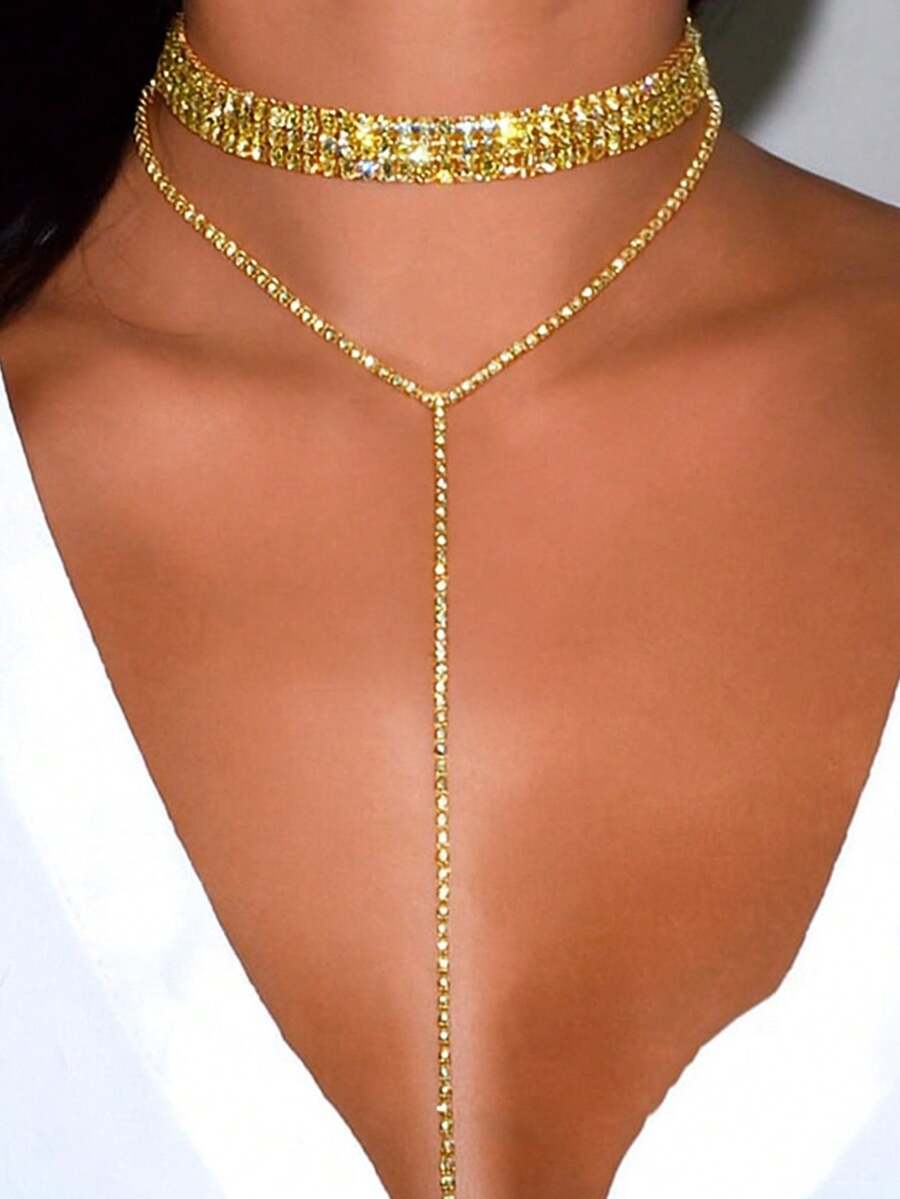 1 pieza Collar en forma de Y con capas múltiples, de diamante y borla dorado para mujer - Dorado - Ver 1