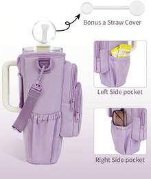 Water Bottle Carrier Bag With Phone Pocket For 30oz 40oz Tumbler With Handle Accessories Insulated Water Bottle Holder Pouch With Strap Water Bottle Sling Bag Crossbody With Straw Cover - 紫色 - 查看 6