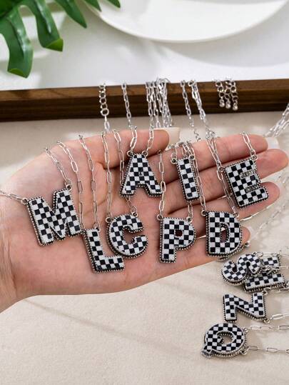 1pc Fashionable Retro Style 26 English Letter Checkerboard Black & White Enamel Alloy Necklace For Women