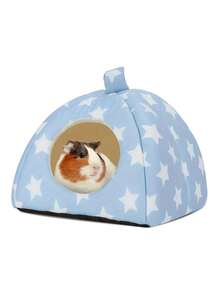 1个蓝色星形图案仓鼠床，兔子藏身处，舒适温暖的小宠物窝，可水洗，适合小型宠物、雪貂和兔子