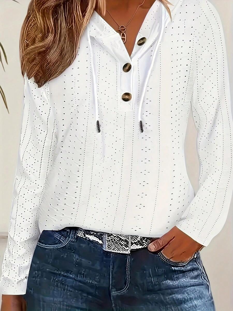 Women's Plain Eyelet Embroidery Button Drawstring Long Sleeve Hooded ...
