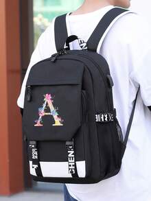 1 件带充电端口的字母图案印花功能性尼龙背包，男女皆宜，适合高中生和大学生、旅行和度假使用（字母从 A 到 Z）