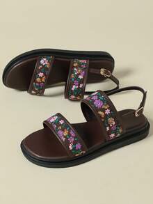 Women's Bohemian Retro Random Ditsy Floral Strap Buckle Sandals With Platform, Comfortable Non-Slip Summer Beach Shoes, Casual Outdoor Wear, Coffee Brown Asymmetrical Small Flower, Size 8-10 - Coffee Brown - View 3