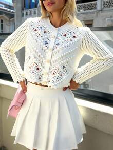 Women's Floral Pattern Long Sleeve Hollow Out Single-Breasted Loose Elegant Knitted Cardigan - Beige - View 5