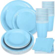 100Pcs Light Blue Tableware Set Blue Graudation Party Supplies Summer Disposable Dinnerware Set 50Pcs Paper Plates 25Pcs Napkin 25Pcs Cups For Wedding Birthday Bride Shower Party Table Decor - 藏蓝色 - 查看 1