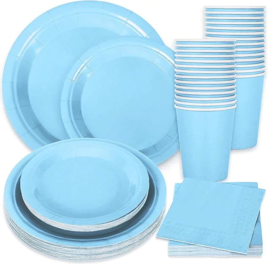100Pcs Light Blue Tableware Set Blue Graudation Party Supplies Summer Disposable Dinnerware Set 50Pcs Paper Plates 25Pcs Napkin 25Pcs Cups For Wedding Birthday Bride Shower Party Table Decor - 藏蓝色 - 查看 1