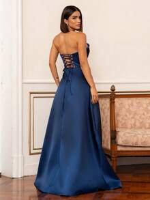 LONG WEDDING PARTY DRESS FOR GODMOTHER, STRAP-FIT, SATIN WITH SEQUINS - ROYAL BLUE - View 2