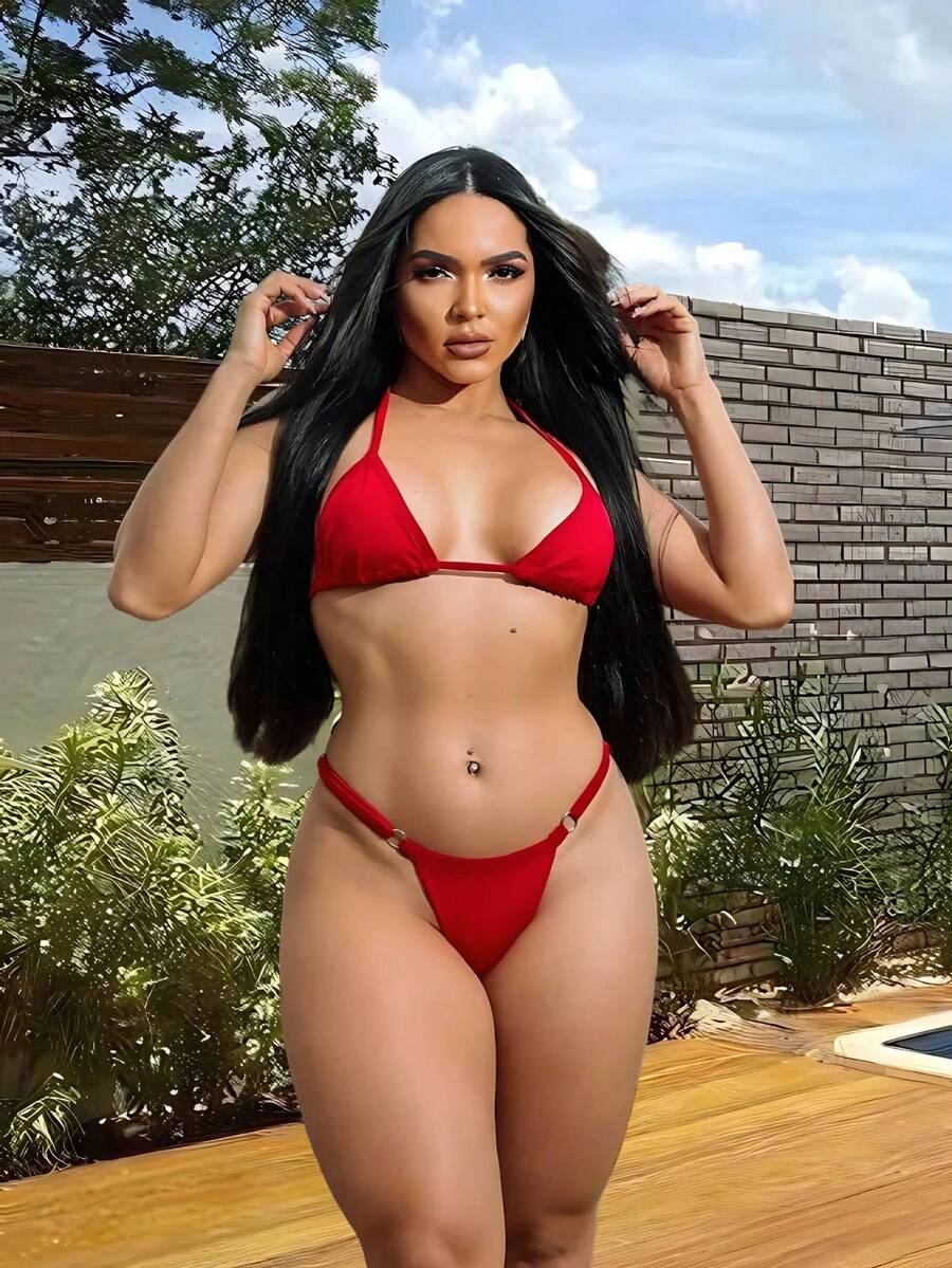 Sexy Tanning Bikini With Adjustable Thin Strap And Thong - Red - View 1