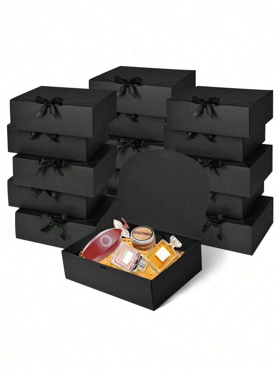 FZZ Black Covered Gift Box, Groomsman Proposal Box, Luxury Black Gift Box (With Ribbon), Suitable For Weddings, Birthdays, Parties, Bridesmaids, Graduations, Valentine's Day, Mother's Day, Father's Day And Various Occasions