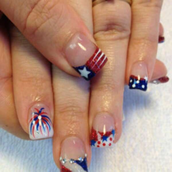 24pcs Star Striped Nail Stickers, Red & Blue, USA Flag Fireworks Design, Square Nail Art Decals, Fashionable For European And American Style