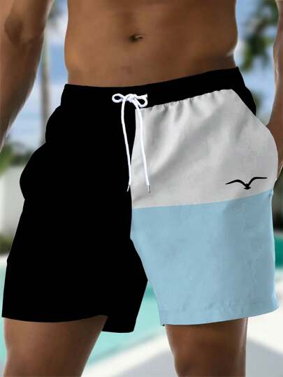 Shorts de verano para hombres con estampado, cintura con cordón, bolsillos laterales, secado rápido, doble capa de malla, diseño de gaviota en bloque de color 3D, ropa de playa casual y elegante, bañador