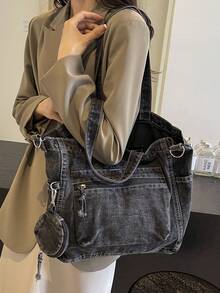 תיק אופנה חדש וקז'ואל מבד ג'ינס רך מכוסה עם כיסים מרובים (עם ארנק למטבעות), תיק נסיעות גדול בצבע אחיד, תיק מזוודות, תיק כתף רב-תכליתי לנסיעות, תיק ספורט לחדר כושר, תיק שליח רטרו לסטודנטים, מתאים לעבודה, קניות, נסיעות, ספורט ושימוש בית ספר - שחור - ראה 4