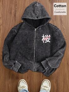 Áo hoodie nam Hemo họa tiết hoa anh đào, thuộc bộ sưu tập Thu/Đông, chất liệu co giãn nhẹ, hiệu ứng mài bạc, áo nỉ dài tay màu đen bằng cotton có khóa kéo, áo khoác ngoài phong cách thường ngày. - màu đen - Xem 3