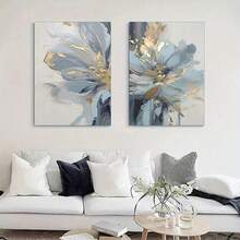 2 piezas Pintura en lienzo con estampado de flores abstracto moderno y lujoso en azul claro y dorado, póster de flores abstractas para decoración de sala de estar, dormitorio y estudio, sin marco - Azul - Ver 2