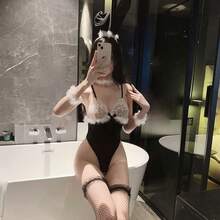 Sexy Lingerie Sexy Lace Bunny Girl Tights Cosplay Uniform Temptation Passion Open Crotch Pure Desire Suit - 黑色+同款襪 - 查看 4