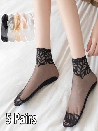 5 Pairs Of Women's Lace Summer Breathable Non-Slip Short Socks, No Heel Fall Off Women's Lace Boat Socks