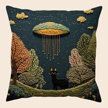 1 件复古风格 18 英寸 X 18 英寸抱枕套 - 刺绣图案，小猫树，柔软毛绒沙发装饰，适用于家庭、卧室、客厅、办公室，可机洗涤纶，拉链开合，装饰枕套采用复古刺绣设计，涤纶纤维填充 - 彩色 - 查看 3