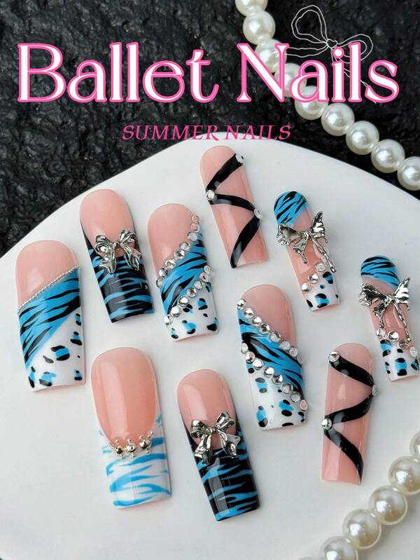 10 peças de unhas postiças quadradas azuis longas, estilo europeu e americano, feitas à mão, com estampas de leopardo e zebra, strass 3D e laço, unhas artesanais de luxo, estilo francês, adequadas para mulheres e meninas. Presente. Unhas para unhas