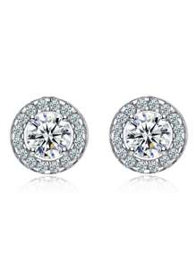 1 Pair Luxury Classic Round Micropave White Cubic Zirconia Stud Earrings, Women's Chic Jewelry