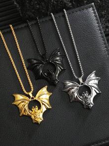 1pc European & American Gothic Style Bat Pendant Necklace, Halloween Gift Accessory, Large Gold-Tone Stainless Steel Gothic Jewelry Necklace, Personalized Black Necklace, Daily Wear For Men - New Bat Necklace - View 3