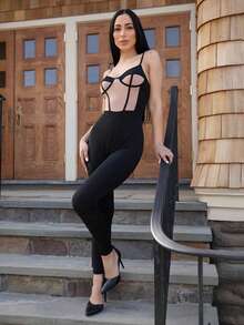 Carolina Barros Two Tone Contrast Mesh Bustier Cami Unitard Jumpsuit Party Outfit - Black - View 6