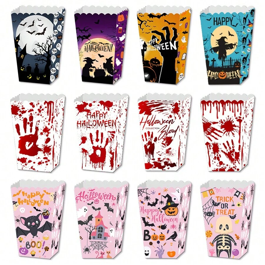 24/4 pièces Boîte à pop-corn en papier motif chauve-souris fantôme pour Halloween, boîte à frites motif sang, boîte de décoration de collation d'Halloween, décorations de scène de fête d'Halloween, décorations de centre de table d'Halloween, boîte à bonbons motif toile d'araignée rose, boîte-cadeau, convient pour la fête d'Halloween, la décoration de cuisine à la maison, les fournitures de cuisson