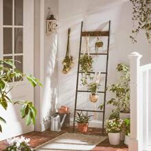 Blanket Ladder, 5-Tier Ladder Shelf, Decorative Ladder With 4 Removable Hooks, Metal Frame, Industrial Style, Rustic