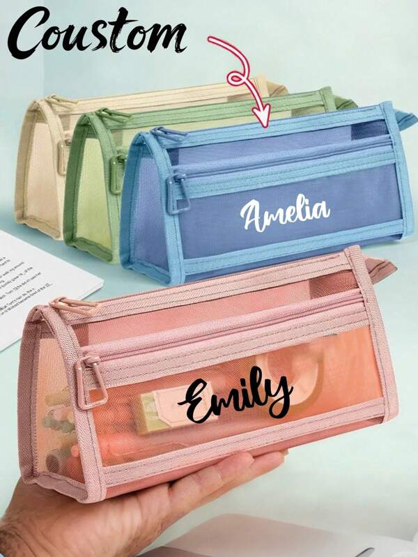 Personalization Custom Name Transparent Large Capacity Pencil Case, Fashion Minimalist Pencil Pouch,High Capacity Nylon Mesh Transparent Breathable, Exam/Student Stationery Bag, Mesh Pencil Bag, Minimalist Student Supplies Case,Back To School,School Supplies,Multi-Functional,Ornamental,Reusable,Modern,Colorful,Cute,Vintage,Cartoon,Kawaii,Custom,Personalized,Unique,Customized,Workers,Clients,Students,For Business/Work/Office,For School