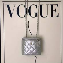 Rhombus Leather Chain Bucket Bag Mini Tote & Crossbody Makeup Bag - Black - View 6