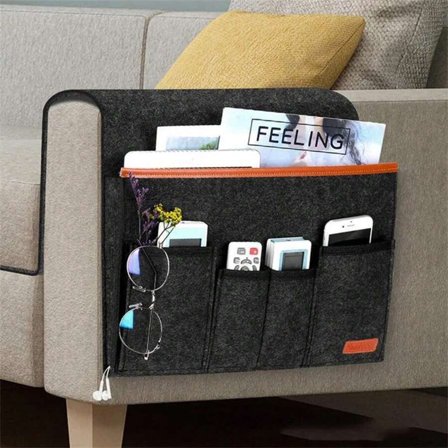 Bolsa de almacenamiento de fieltro para la mesita de noche, bolsa colgante para el escritorio de la cama, funda colgante para el control remoto de la TV, organizador de almacenamiento para el sofá, bolsillos para el soporte de la cama - Gris Claro - Ver 1