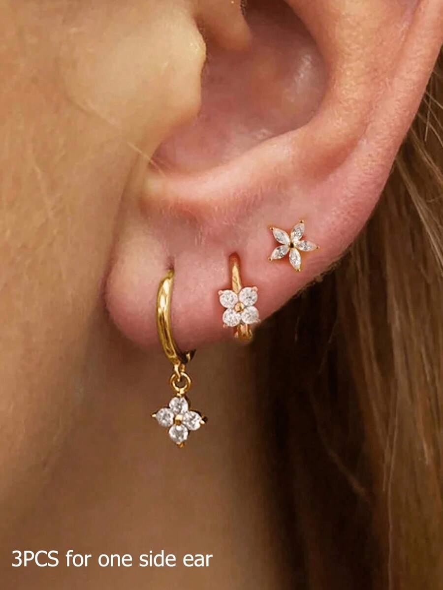 3 件套不锈钢锆石花朵耳环套装，女士适用，18K 镀金防过敏耳屏耳轮圈耳钉软骨穿孔饰品，适合日常佩戴 - Gold-2# - 查看 1