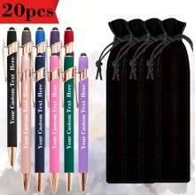 20 pezzi Penne a sfera personalizzabili + 20 pezzi Custodie nere per penne, punta fine, corpo in alluminio, cappuccio retrattile, scrittura fluida, leggere, con molletta, compatibili con touch screen, adatte per informazioni e regali personalizzati, utilizzabili come regali di inizio scuola, forniture scolastiche